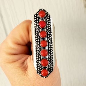 New 7 Stone Coral Adjustable Silver Statement Ring.